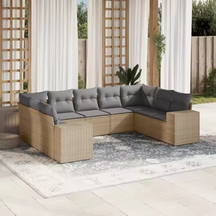 vidaXL Set de sofás de jardín 9 pzas con cojines ratán sintético beige - 1