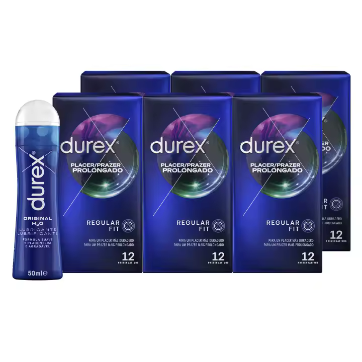Durex - Condones Placer Prolongado + Lubricante Original H2O 50 ml, Pack de 72 Preservativos para Sexo Seguro. Perímetro Regular, Grosor Medio. 6 Cajitas - 1
