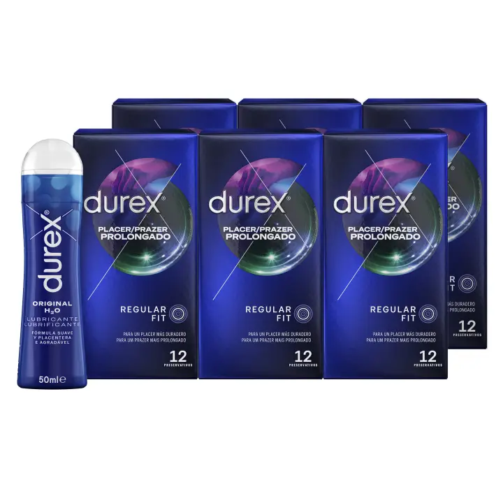 Durex - Condones Placer Prolongado + Lubricante Original H2O 50 ml, Pack de 72 Preservativos para Sexo Seguro. Perímetro Regular, Grosor Medio. 6 Cajitas - 1