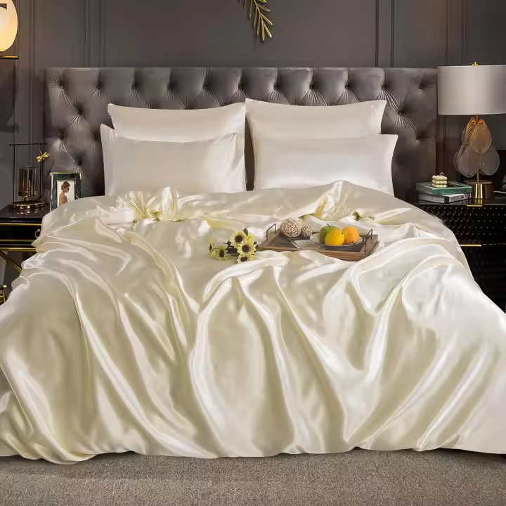 Juego de cama de 4 piezas de satén de seda, tamaño matrimonial/queen, incluye sábana ajustable, funda nórdica y 2 fundas de almohada. Beige, tamaño king. - 1