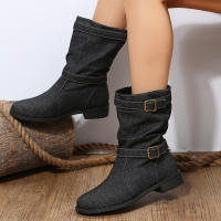 Botas De Motociclista Retro Para Mujer Talla Grande Punk Cowboy Con Hebilla Casual Moda Botas Hasta La Rodilla Material Denim Y Caña De Bote De Lona - details 7
