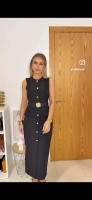 Vestido Largo Negro Para Mujer Estilo Casual Elegante Con Botones Y Manga Corta Para Primavera Verano 2025 Vestidos De Polyester A-Line - details 3