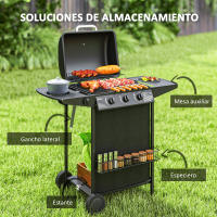 Outsunny Barbacoa de Gas BBQ Gas con 3+1 Quemadores 9,5 kW Barbacoa Portátil con Termómetro Mesa Lateral Estante Especiero Parrilla Recogedor de Grasa 2 Ruedas para Jardín Exterior Camping Negro - details 5