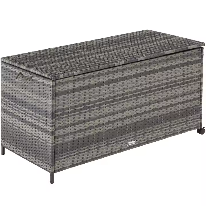 Tectake - Baúl de almacenaje KUUSAMO con estructura de aluminio y ruedas 297 l  117 x 54 x 64 cm  Gran espacio de almacenamiento  Fino trenzado de ratán sintético resistente a la intemperie  Estructura estable de aluminio ligero e inoxidable - 1