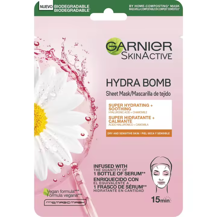 Garnier Skin Active Mask Tissu mascarilla de tela Hydra Bomb hidratante calmante con ácido hialurónico y manzanilla - 1
