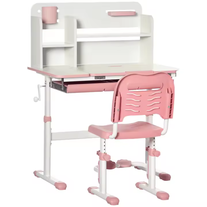 HOMCOM Juego de Escritorio y Silla para Niños de +3 Años con Altura Ajustable Pupitre Infantil con Tablero de Mesa Inclinable Cajón y Estantería para libros 80x52x88-109 cm y 35,5x44,5x66-80 cm Rosa - 1