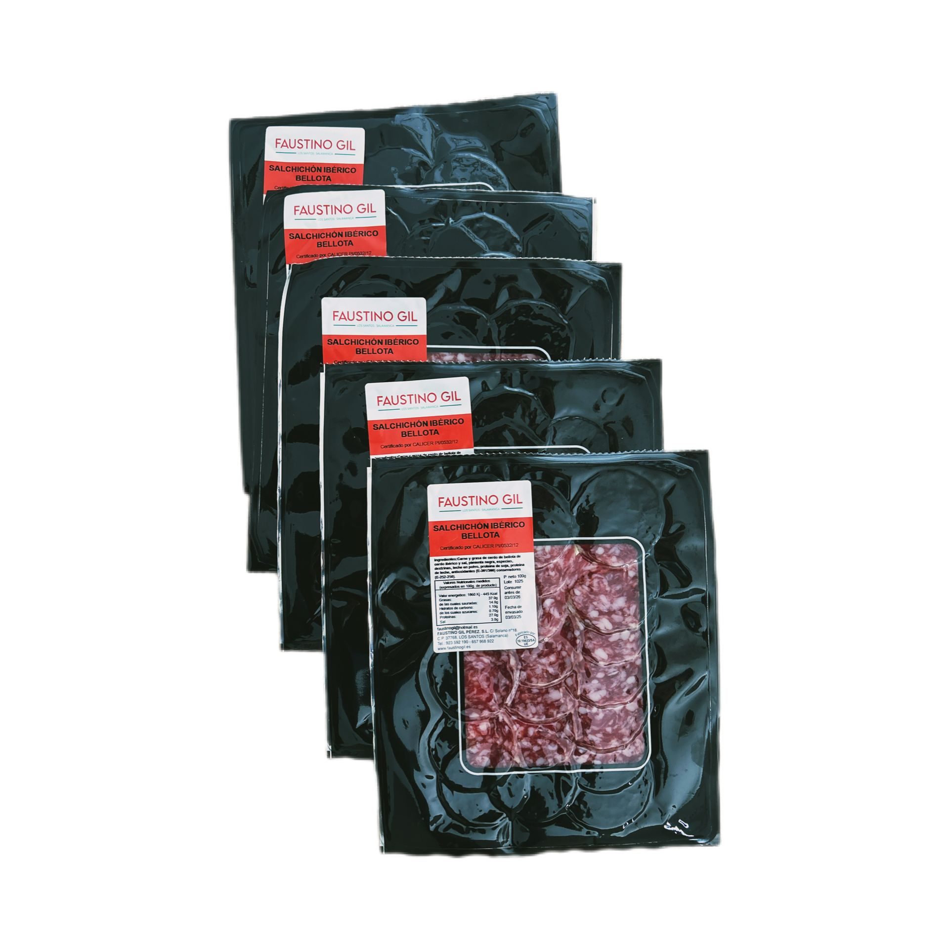 SALCHICHÓN IBÉRICO DE BELLOTA - 5 Sobres de 100g - Elaboración tradicional - Productos Ibéricos Faustino Gil -