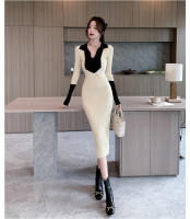 Vestido Elegante De Lana Con Bloque De Colores Y Encaje H Han Queen Para Oficina Y Fiesta Vestido Largo De Manga Larga Para Mujer Moda Otoño - details 9