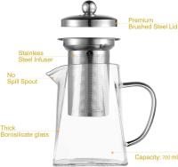 Square Glass Teapot with Infuser, 700 ml Borosilicate Tea Pot for Loose Tea, Clear Leaf Teapot with Strainer for Microwavable and Stovetop Safe - details 1