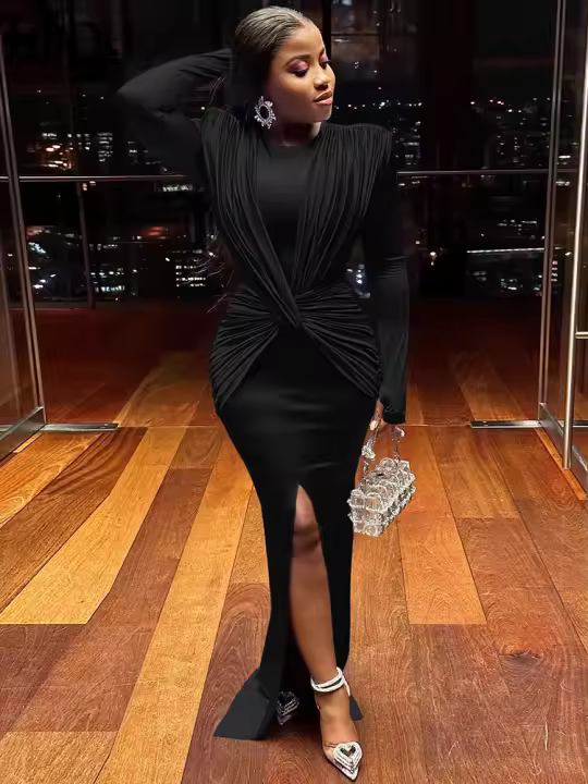 Vestido Máximo Elegante Para Mujer Kliou De Manga Larga Cruzada Y Con Abertura En El Costado Body-Shaping Estilo Clásico High Street Para Fiestas Vestidos Largos - 1