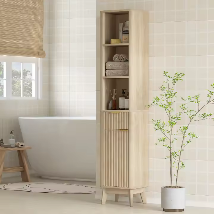 HOMCOM Columna de Baño Mueble de Baño Estrecho con Puerta de Acanalado Cajón 3 Compartimentos Abiertos y Estantes Ajustables Armario Alto de Baño Moderno 33x30x170 cm Natural - 1