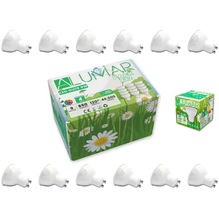 Pack 12 Bombillas LED GU10 de 9W Luz Blanco Neutra 4500K, 850 Lúmenes (equivalente a 80W), Bombillas de bajo consumo, Ángulo de haz de 120°, CRI 80, sin parpadeos, para hogar, oficina, tienda, baño. - 1