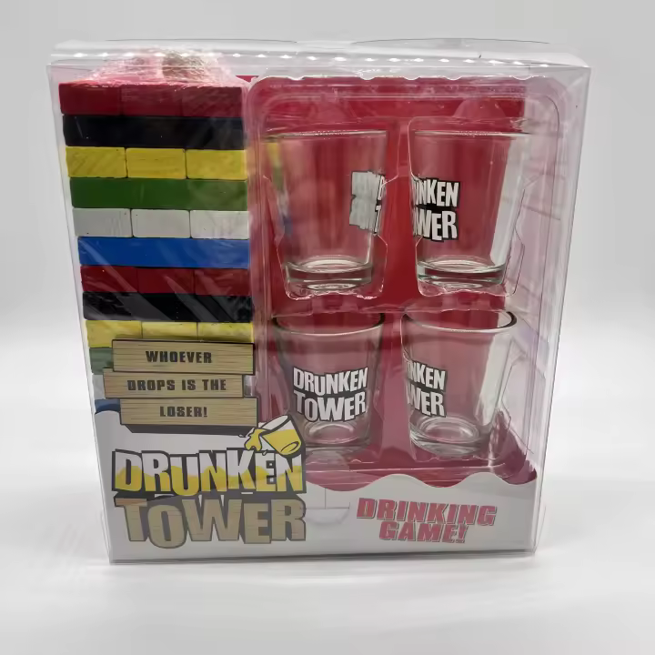NEMON-Drunken Tower Juego Torre Equilibrio 54 Piezas de Madera, 2 dados, 4 vasos de chupito, ideal para fiestas, juegos con amigos, eventos, pasar momentos divertidos en familia, con amigos... - 1