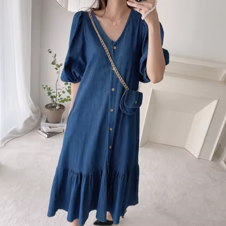 Vestido Maxi Casual ZANZEA Para Mujer De Tela Denim Azul Con Manga Puff Y Cuello V-Neck Estilo Retro Manga Corta Cierre Único Longitud Media-Calf - 1