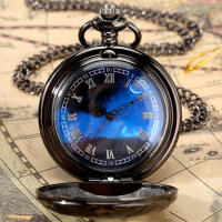 Reloj De Bolsillo Cuarzo Con Dial Azul Estrellado Romano Para Hombres Mujeres Y Niños Caja De Aleación Negro Y Plateado - details 2