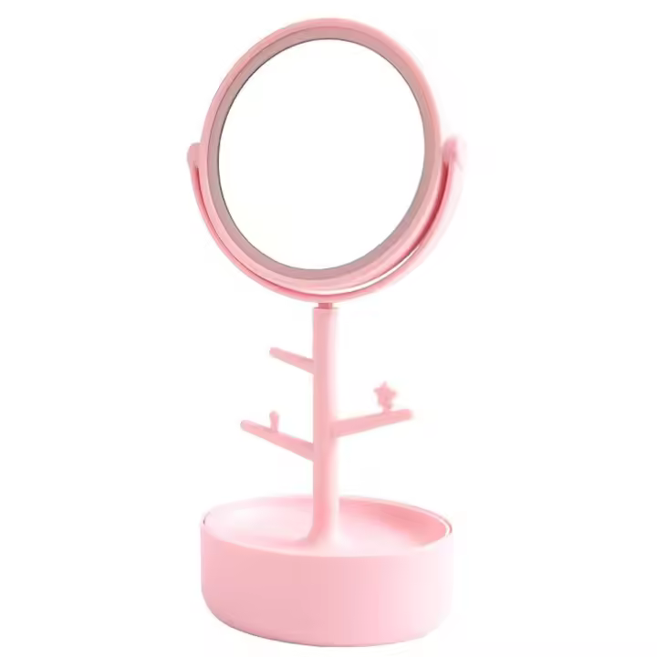 Espejo Joyero con LED Rosa: Iluminación Ajustable, Rotación 360° y Diseño Portátil - Organizador de Joyas Integrado - Ideal para Maquillaje y Belleza - 1