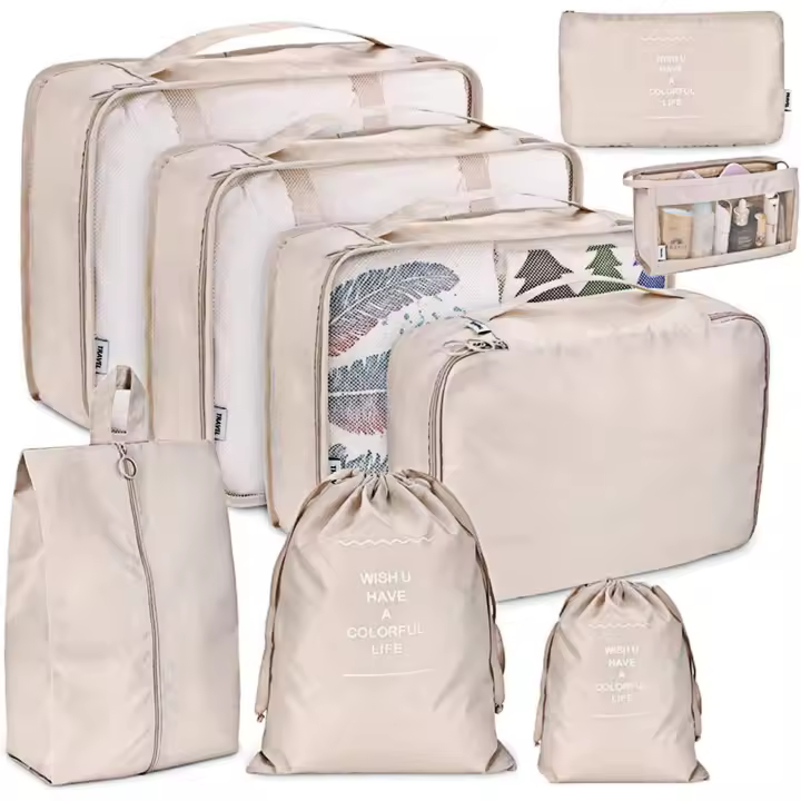 9 piezas Bolsas organizadoras de Maleta, Organizador de Equipaje multión, Impermeable. Para Zapatos, Ropa, Beige - 1
