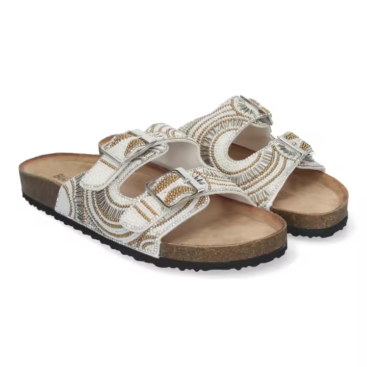 Davinia Shoes Sandalia Plana de Mujer, Comoda, y Elegante, Diseño Moderno, Estilo Bio, con Strass en la Pala, y Doble Hebilla. Shoes&Blues.es AY-3070-Blanco - 1