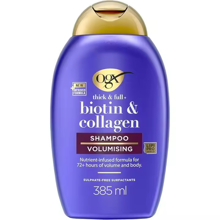 OGX Biotin & Collagen Thick & Full+ Shampoo (385 ml), champú voluminizador de biotina y colágeno, con tensioactivos sin sulfatos, texturizador de cabello con 72 h de volumen - 1