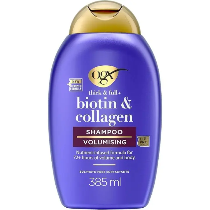 OGX Biotin & Collagen Thick & Full+ Shampoo (385 ml), champú voluminizador de biotina y colágeno, con tensioactivos sin sulfatos, texturizador de cabello con 72 h de volumen - 1