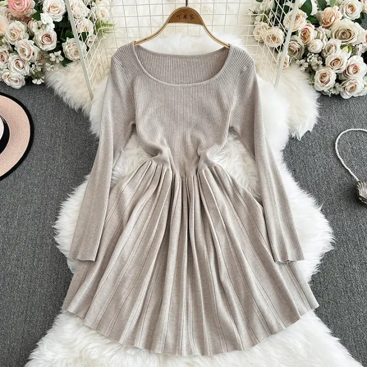 Vestido Corto A-Line De Cuello Redondo Para Mujer 2024 Otoño Invierno Elegante Casual De Lana Color Sólido Cintura Alta Manga Larga - 1