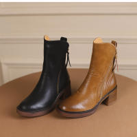 Botas Cortas De Cuero Para Mujer Otoño Invierno Con Tacón Chunky Cierre De Cremallera Botas De Tobillo Plataforma Modernas Talla Grande Confort Transpirables - details 14