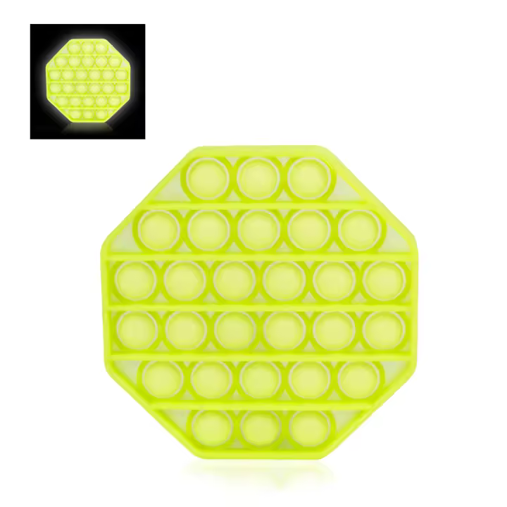 DAM. Bubble Pop It Glow juguete sensitivo desestresante, burbujas de silicona para apretar y pulsar. Diseño octogonal fluorescente, brilla en la oscuridad. 13x2x13cm. - 1