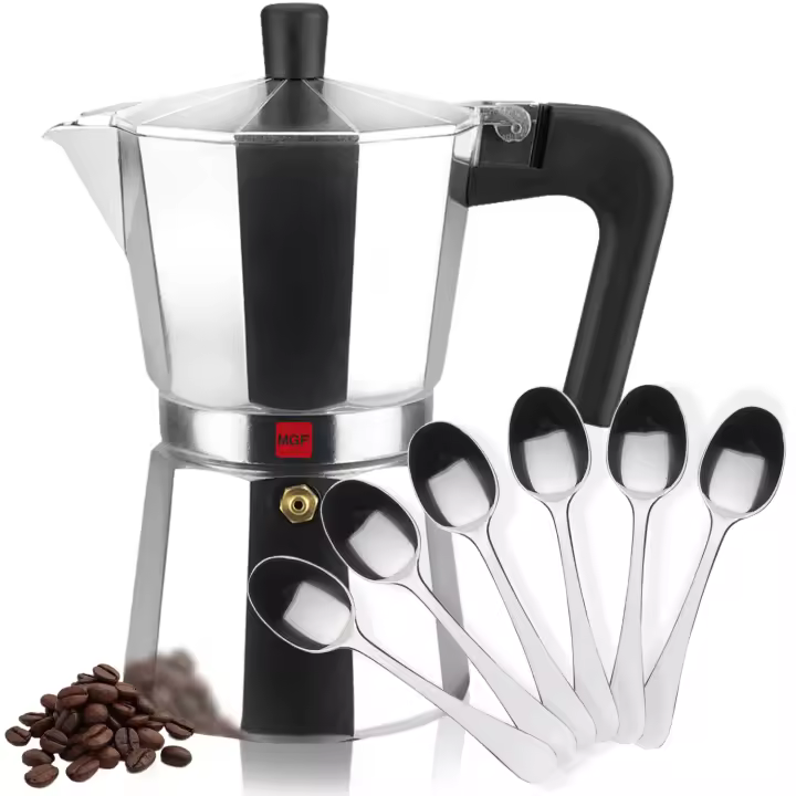 Magefesa Kenia - Cafetera Italiana + 6 Cucharillas Moka, Manejo Cómodo, Aluminio Esmaltado, Para Todas las Cocinas, NO APTA PARA INDUCCIÓN - 1