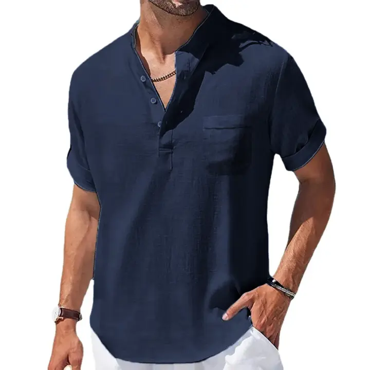 Camisa De Algodón Y Lino Para Hombres Verano Cuello Henry Camiseta Casual Manga Corta Ropa Masculina Transpirable Y Ligera - 1