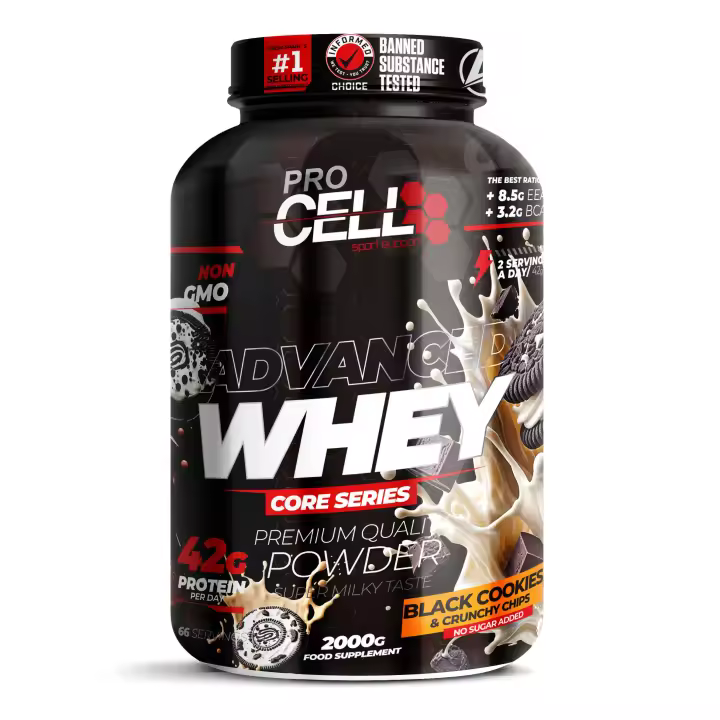 Proteina Concentrada- Whey Core 2 KG Black Cookies & Crunchy Chips (topping black cookies chip) Procell Sport -  Proteína de Suero, Bajo en Carbohidratos y Grasas - 1