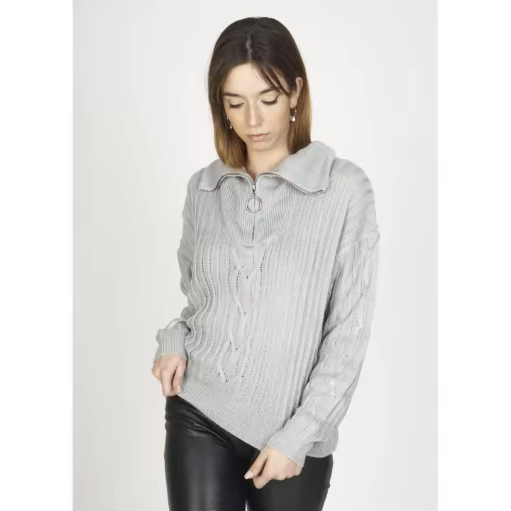 Suéter punto grueso mujer, jersey canalé tejido suave, cremallera frontal, cuello polo, lana mixta, estilo casual, cómodo, talla única, color gris, look urbano o chic, versátil y moderno ✅Entrega 24/48h - 1