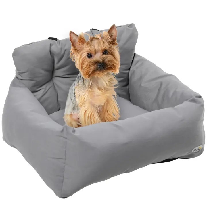 PawHut Asiento de coche para mascotas, bolsa de transporte para perros y gatos, acolchada de algodón PP grueso, segura, cómoda, base antideslizante, 50 x 54 x 33 cm, gris oscuro - 1