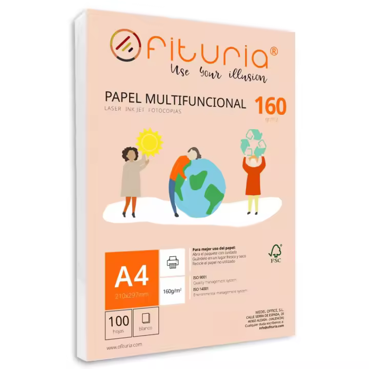 Paquete de folios A4 de 160gr con 100 Hojas Blancas, Papel Multifuncional para Uso Escolar y Entornos Laborales. Ideal con impresoras láser, de inyección o fotocopiadoras - Ofituria - 1