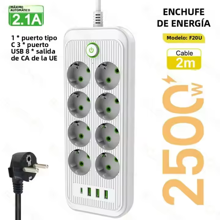 Enchufe Multifuncional Con USB Y Protección Contra Sobretensiones 2M Cable De Extensión Enchufe AC De EU Tipo De Conector Protección Contra Sobrecorriente Para Hogar Y Oficina - 1