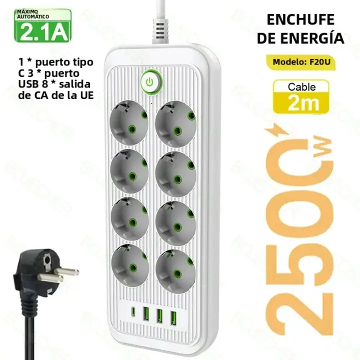 Enchufe Multifunctional With USB Y Protección Contra sobretensiones 2M Cable De Extensión Enchufe AC De EU Type De Conector Protección Contra sobrecurriente Para Hogar Y Oficina - 1