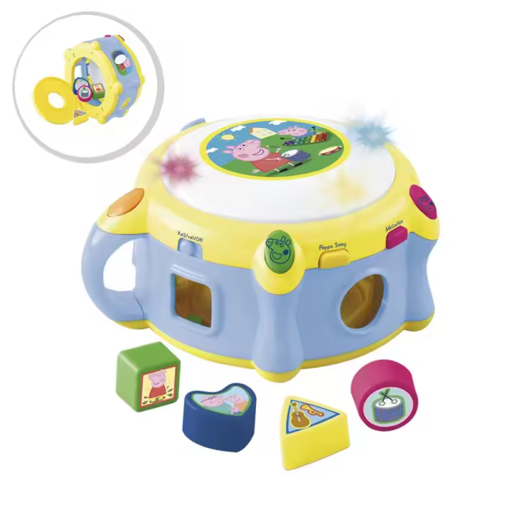 Peppa Pig Tambor electrónico con 8 canciones - on 8 canciones demo, luces, 4 efectos de sonido, función “una tecla una nota”, 4 figuras geométricas, 2 niveles de volumen, apagado automático.  (Reig 2327) - 1