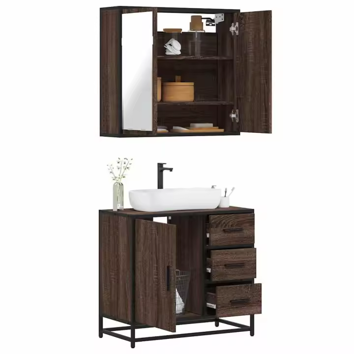 vidaXL Set de muebles de baño 2 pzas madera contrachapada en color Gris sonoma/Roble Sonoma/Roble ahumado y más | almacenamiento funcional diseño moderno para baño dormitorio sala - 1