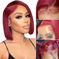 Pelucas Bob Cortas De Cabello Humano Color Rubí Oscuro 13x4 99J Peluca Frontal Completa Cortes Rectos Para Mujer Negra - details 1