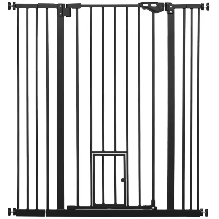 PawHut Barrera de Seguridad para Perros con 1 Puerta Pequeña 74-101x104,1 cm Barrera para Mascotas Extensible con Cierre Automático y Sistema de Doble Bloqueo para Puerta Pasillo Escalera Negro - 1