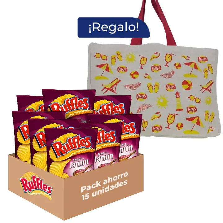 Pack Regalo Ruffles Jamón - Patatas Fritas Crujientes Sabor Jamón, Pack Regalo de 15 Bolsas de Patatillas Deliciosas, Onduladas e Irresistibles, Snack y Aperitivo, Total: 15 x 45g = 675 g + Tabla de Cortar y Cuchillo - 1