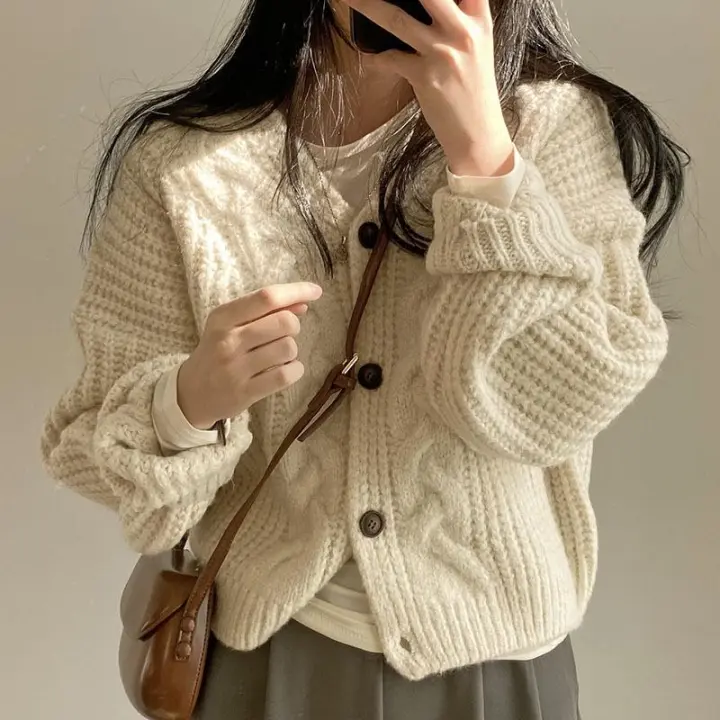 Cardigan De Punto Casual Otoño Invierno Para Mujer Con Manga Escotada Y Cuello V Estilo Elegante Suéter Abrigo De Moda De Color Sólido Talla Grande - 1
