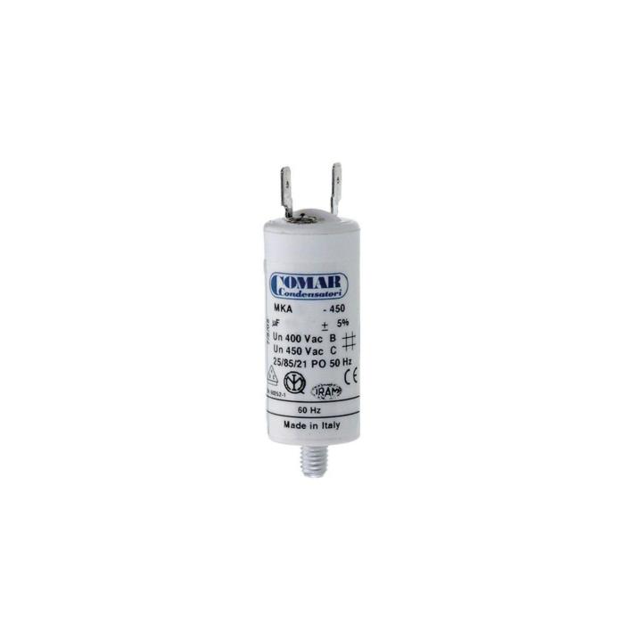 Percomar Condensador Mka 70 Uf 5% 450 V 50x120 con Espiga M8 y Faston Doble - Blanco - Polipropileno - Condensador Arranque Motor - 75 Mf/5% - 12x5 Cm - Marca Comar - Alta Capacidad