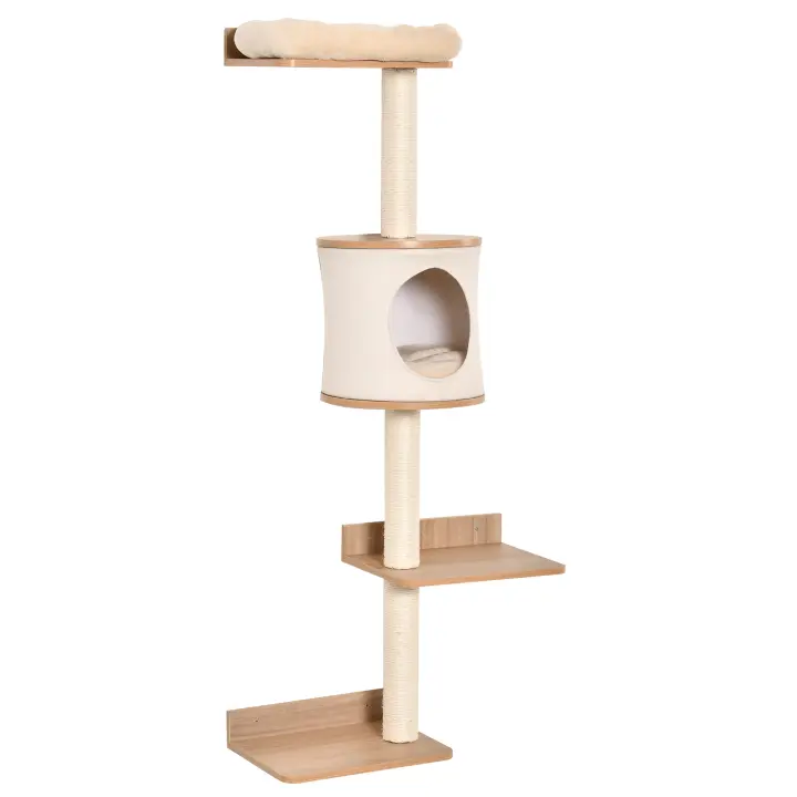 PawHut Árbol para Gatos de Pared 38x30x149 cm con Múltiples Plataformas de Madera Cueva Cama Superior Cojín Extraíble Postes Rascadores de Sisal Torre para Escalar Beige y Roble - 1