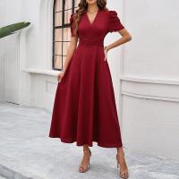 Vestido Elegante De Fiesta Para Mujer Cintura Alta A-Line De Color Sólido Con Manga Corta Estilo Francés Vestido De Cintura Cinchada Temperamento - details 31