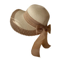 Sombrero De Paja Ancha Para Mujer Con Borde De Encaje Y Lazo Para Deportes Al Aire Libre Senderismo Y Viajes En La Playa - details 2