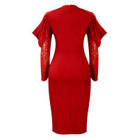 Vestido Elegante De Mujer Con Cuello Redondo Y Manga Larga En Luto Sólido Ajustado Hasta Las Caderas Largo Medio Para Fiestas Y Comidas En El Restaurante - details 30
