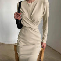Vestido Bodycon Midi De Otoño Invierno Para Mujer Con Manga Larga Cuello Redondo Elegante Y Chic Ajustado Para Oficina Y Calle - details 6