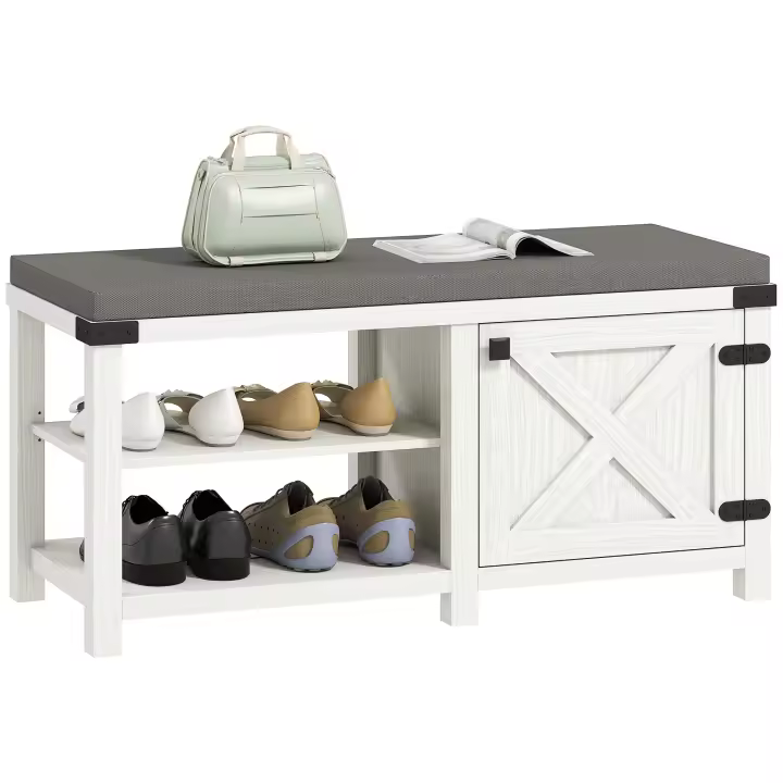 HOMCOM Banco Zapatero Rústico Zapatero con Asiento Organizador de Zapatos con Compartimentos Cojín para 7 Pares de Zapatos para Entrada Salón Dormitorio 100x40x48 cm Blanco Grisáceo y Gris - 1