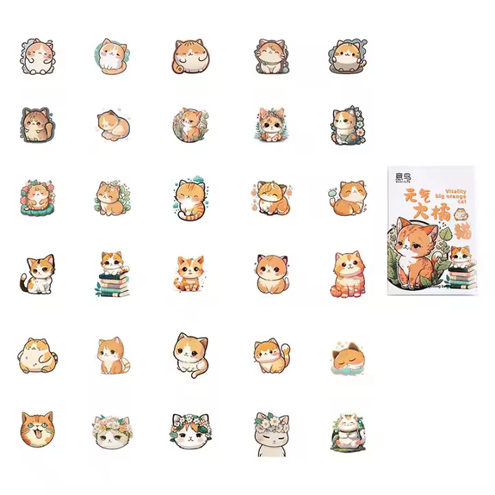 30pcs Pegatinas De Gato Naranja Grande Y Energetico Kawaii Para Decoración De Diarios Tazas Portátiles Y Scrapbooks Estilo Collage - 1