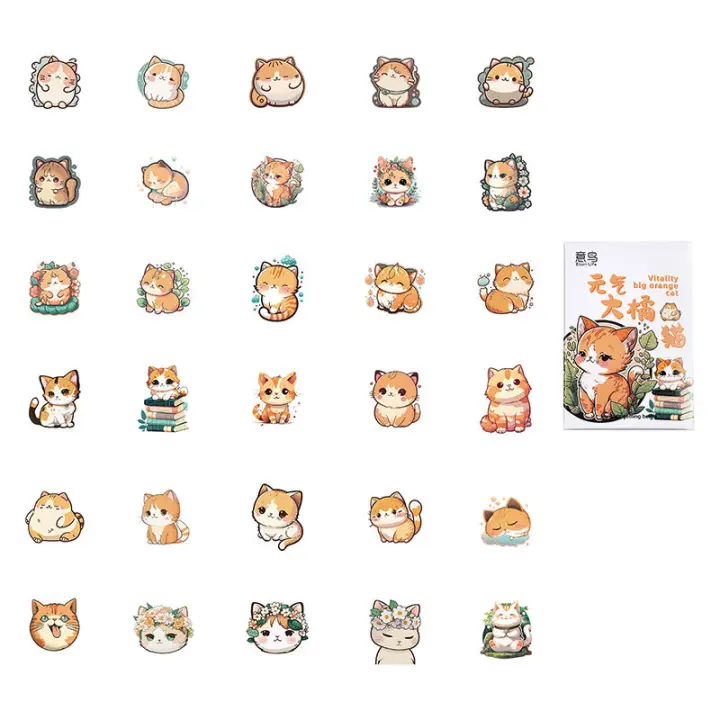 30pcs Pegatinas De Gato Naranja Grande Y Energetico Kawaii Para Decoración De Diarios Tazas Portátiles Y Scrapbooks Estilo Collage - 1